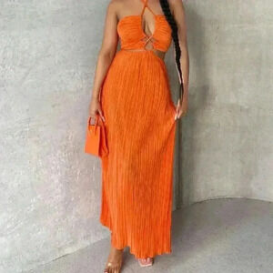 Orange Sexy Women's Crisscross Tie Backless Halter Swing Dress